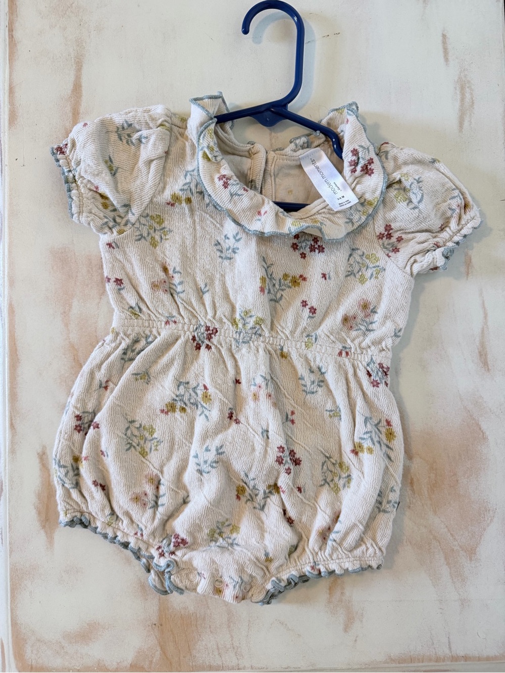 Floral Baby Romper in Cream with Ruffle Collar